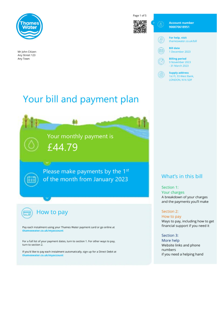 download United Kingdom Thames Water utility bill Word and PDF template, version 3 PDF template